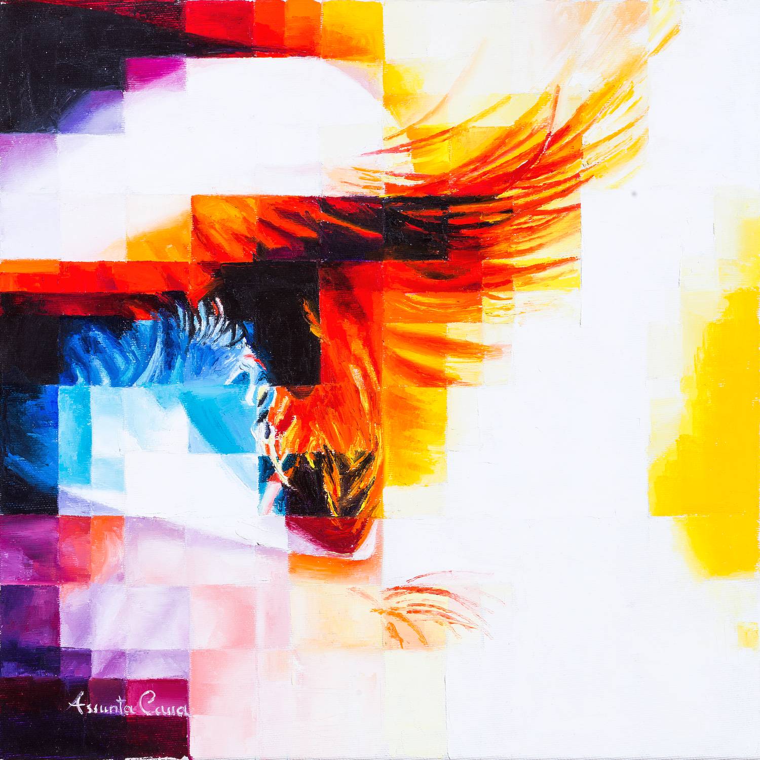 Visione Interiore Occhio astratto tra fiamme arancioni e pixel blu, viola e gialli.