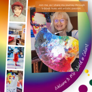 Bunte Collage mit Kindheitsfoto, künstlerischen Porträts und Assunta Cassa mit Regenbogenpalette.