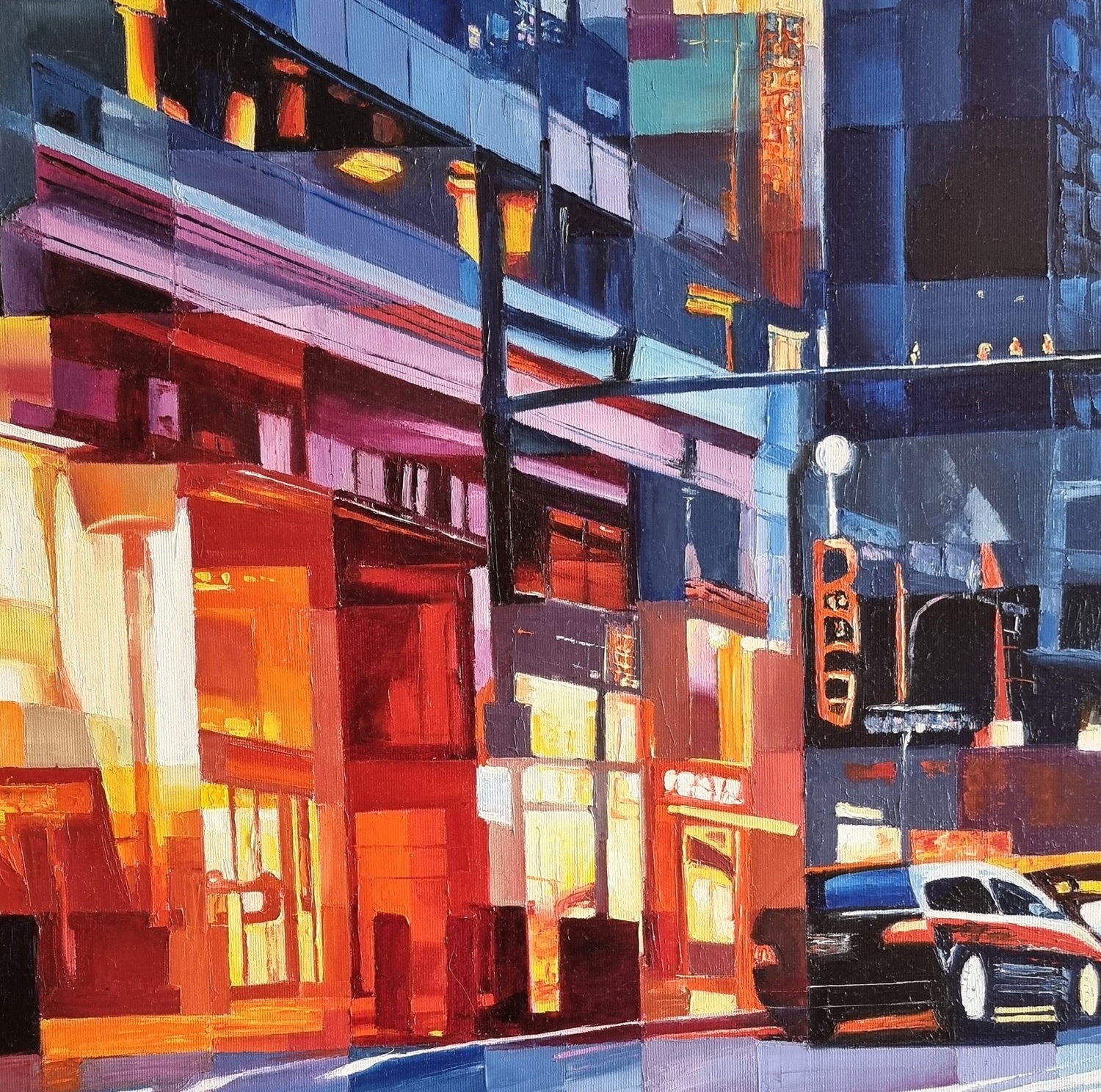 A detailed oil painting capturing a fragmented urban cityscape. Bright tones of red, orange, and yellow illuminate storefronts, while cool blues and purples define the surrounding buildings. A car is parked in the foreground, and the scene is rich with geometric shapes and contrasts, symbolizing the energy and complexity of metropolitan life.