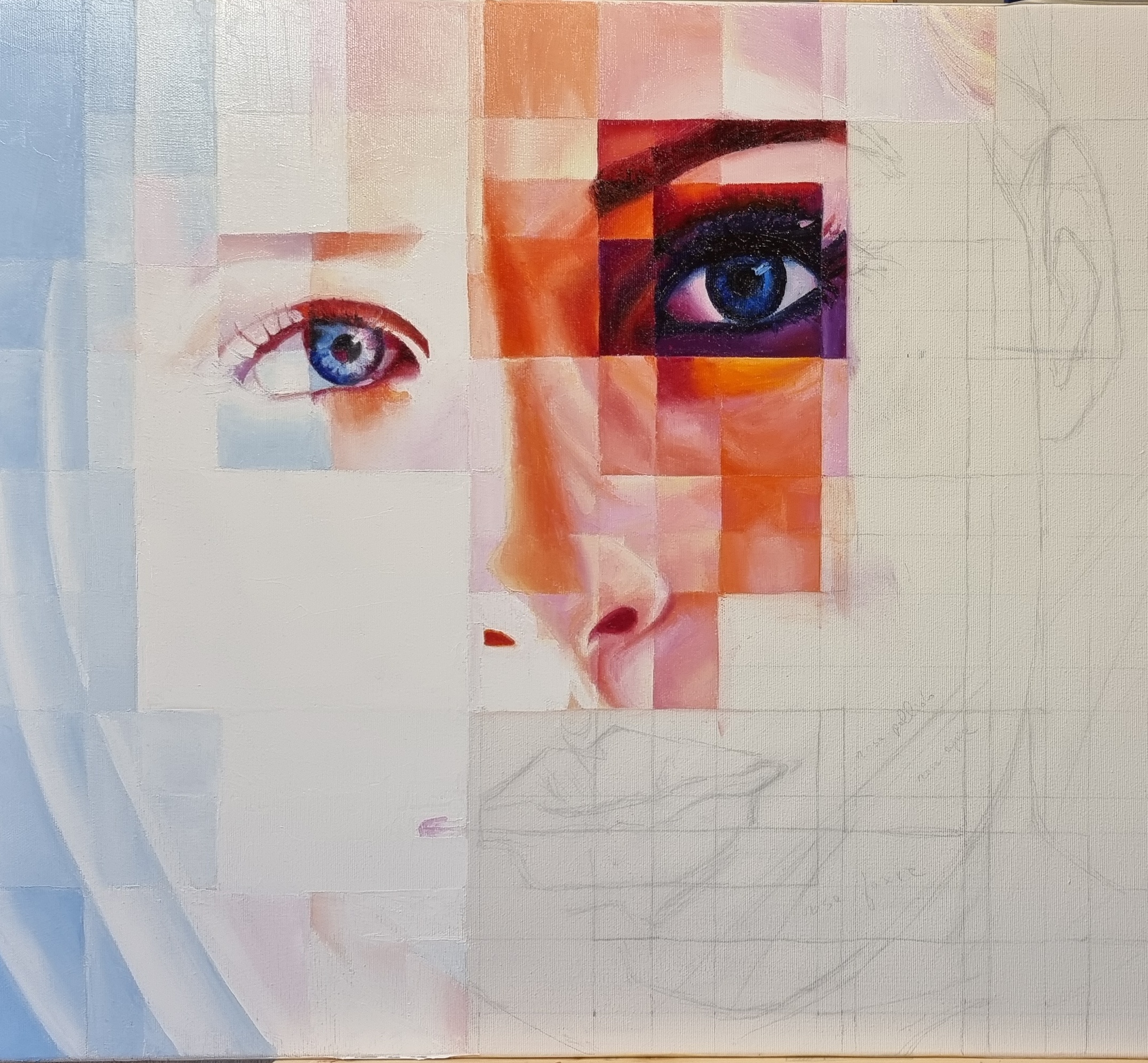 A partially completed oil painting featuring a fragmented portrait of a woman's face. One eye is vividly painted in shades of blue, orange, and purple, while the other sections remain sketched. The artwork blends pixelated elements with realistic details, symbolizing a journey of transformation, emotional expression, and the power of creativity.