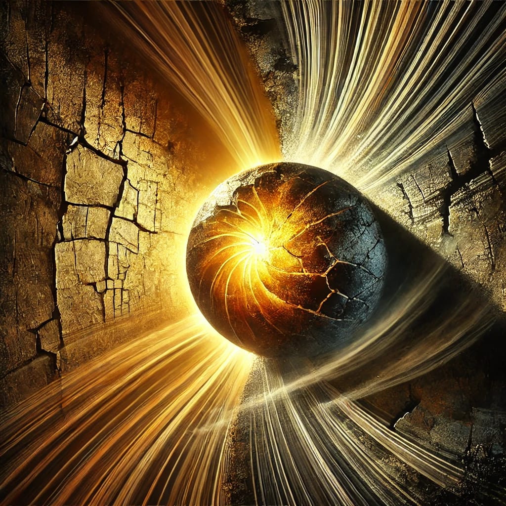 An abstract representation of trapped energy: a glowing orb of golden and orange light radiates through dark, swirling shadows, symbolizing the transformative power of art and creativity. The textured surface beneath the orb, with subtle cracks, suggests the journey from inner emptiness to emotional liberation. This image embodies themes of healing, artistic expression, and the rediscovery of strength through the creative process.