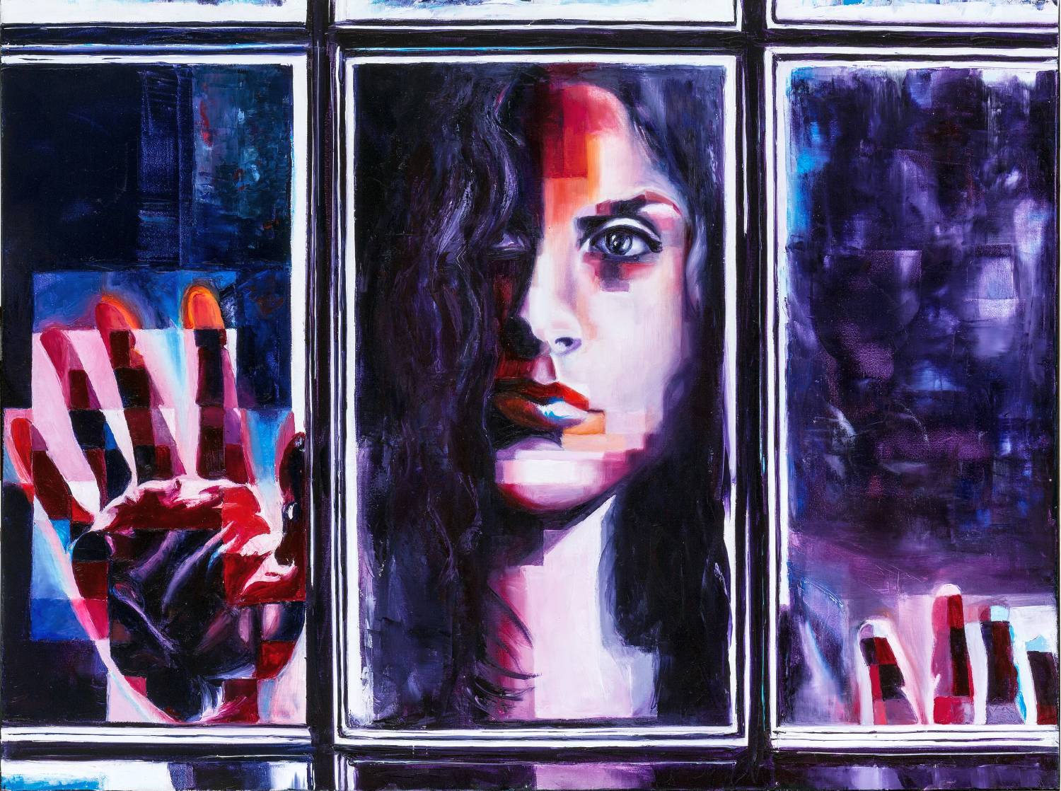 Abstract painting of a woman's face seen behind bars, symbolizing the constraints and breakthroughs in personal growth.