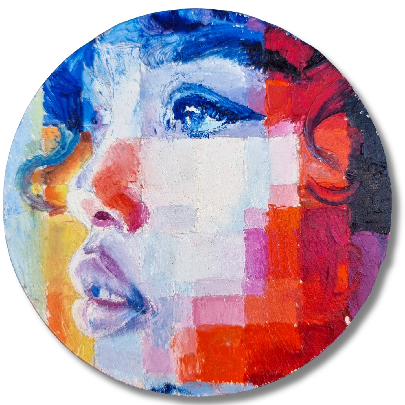 Close-up view of 'Sideral Gaze', a vibrant emotive portrait by Assunta Cassa, showcasing a colorful expression with deep blues, vivid reds, and soft whites capturing the intense gaze of a female figure.