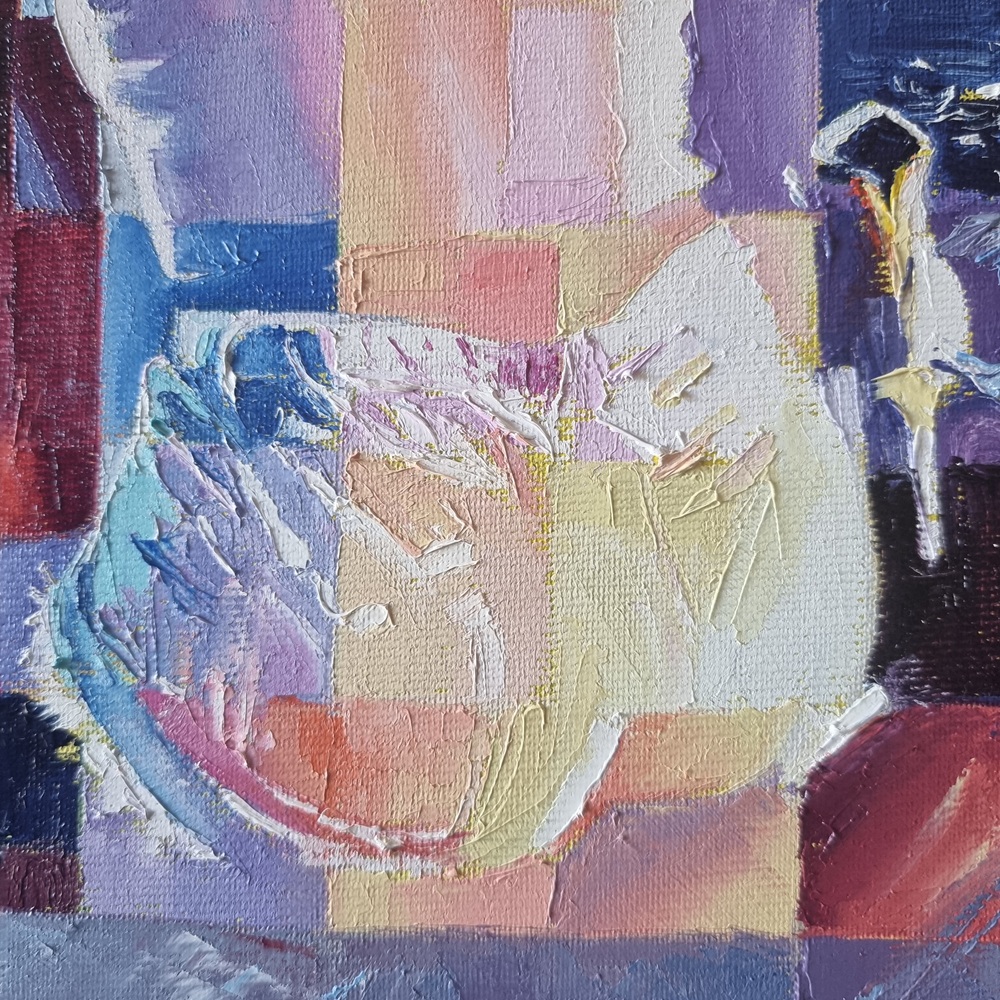 Dettaglio di un dipinto a olio di Assunta Cassa con spatolate spesse e sovrapposte.