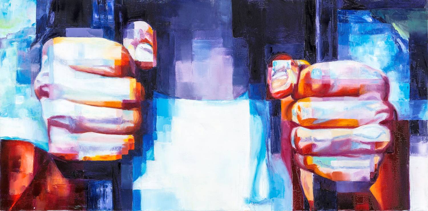 Oil painting of clenched hands gripping metal bars, symbolizing imprisonment and loss of freedom.
