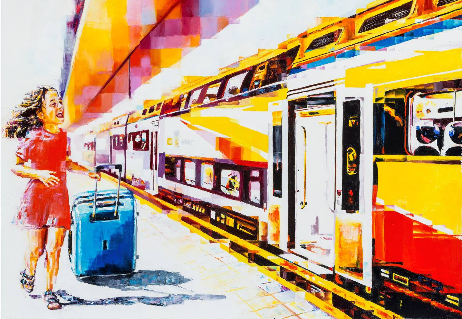 A joyful girl pulling a suitcase at a train station, painted in bright yellow, blue, and red.