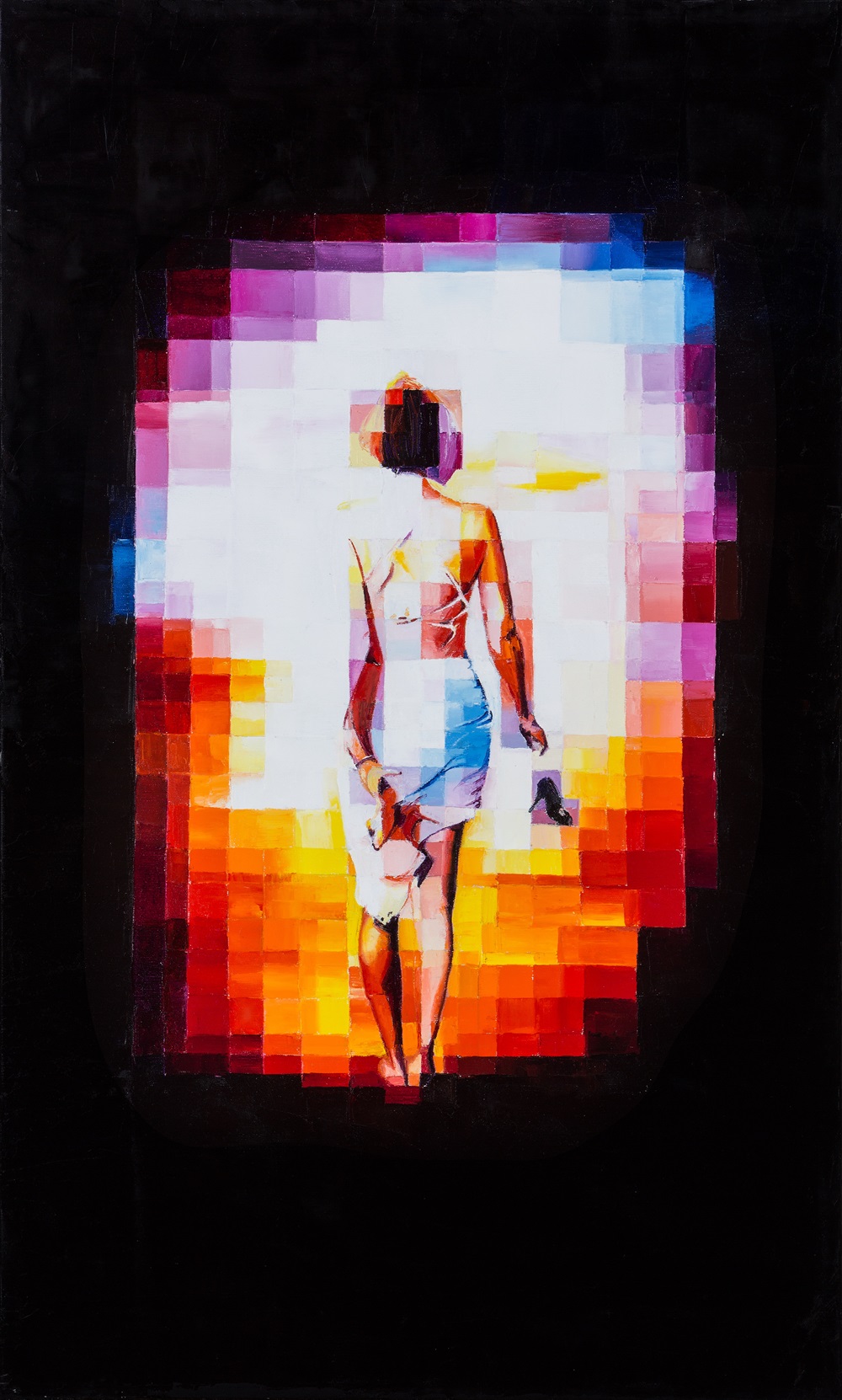 Woman walking toward the light in a dark tunnel, symbolizing hope and inner strength.