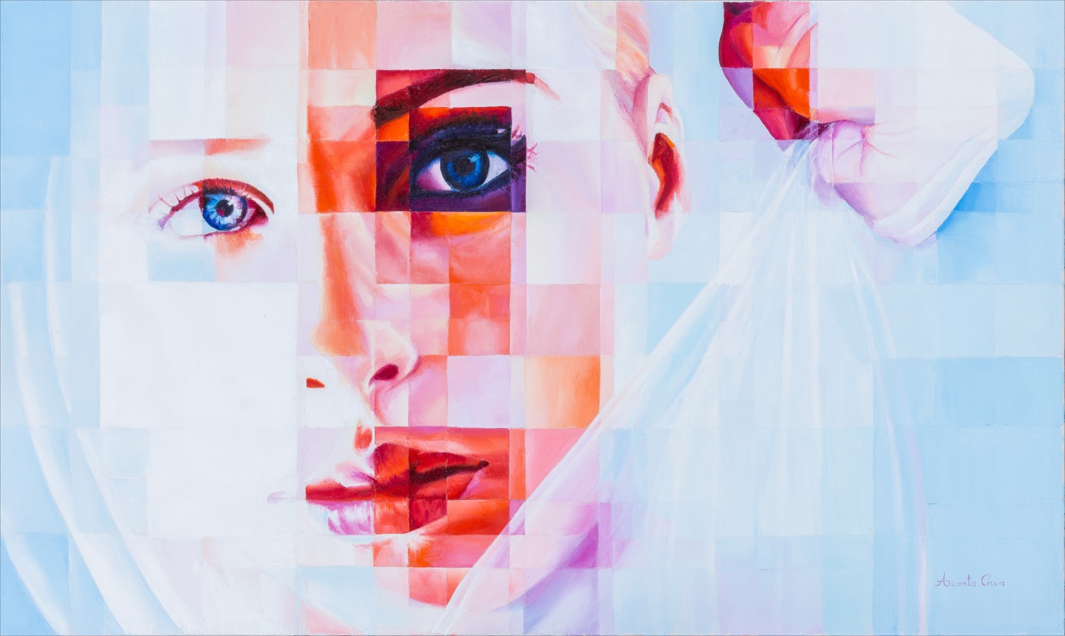 Symbolic portrait of Piccarda Donati with a face divided between light and shadow, representing female inner strength.