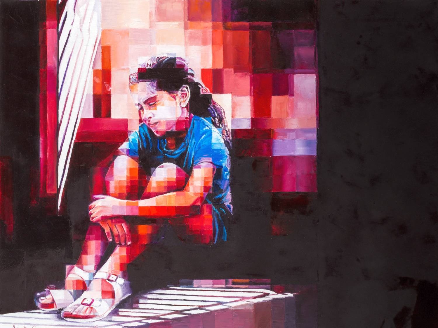 A thoughtful girl sitting on the floor, touched by sunlight filtering through bars, surrounded by abstract red and purple pixels.
