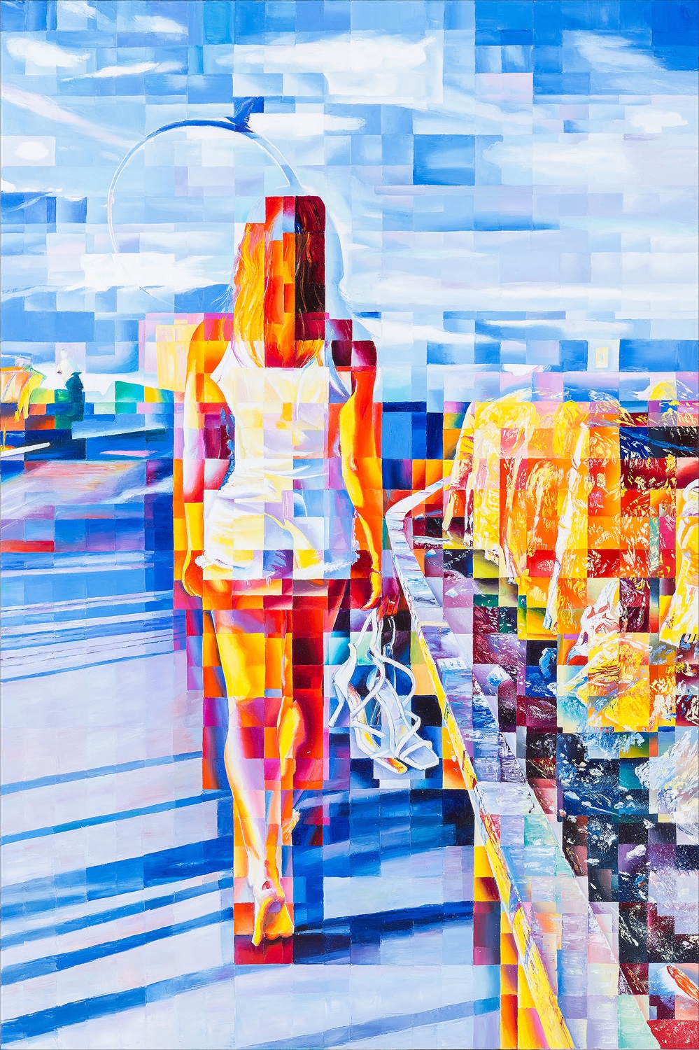 "Towards Jonathan Livingston" – A barefoot woman walking toward the seagull statue at sunset, in a fragmented oil painting by Assunta Cassa, symbolizing freedom and aspiration.