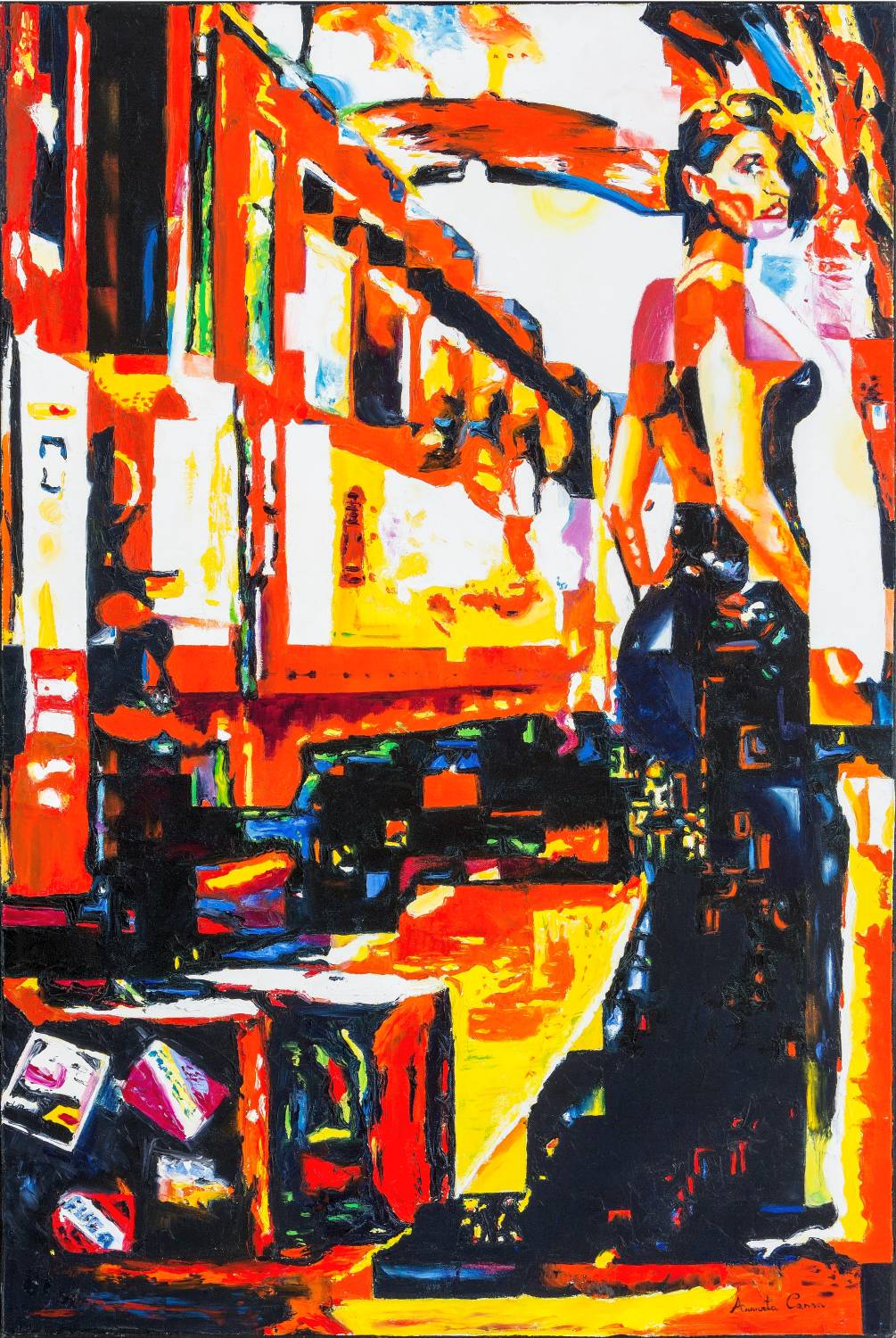 Woman in black standing near a train in a dynamic urban scene, painted in warm and vivid tones.