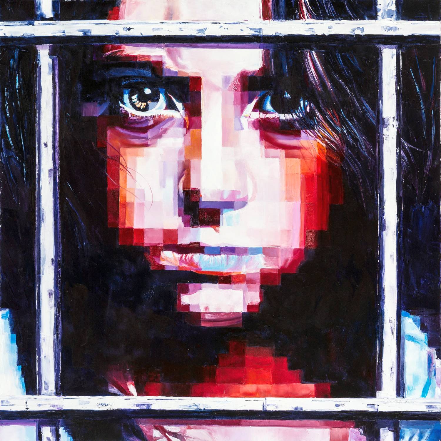Intense fragmented portrait of a girl behind bars, a silent expression of strength and existential questioning.