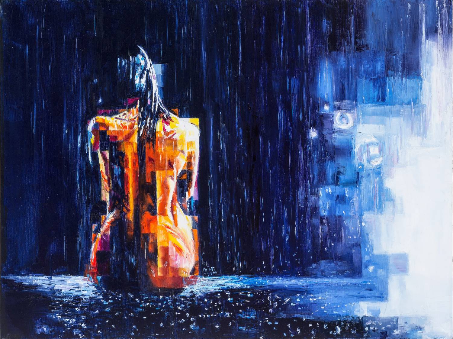 Expressionist painting of a woman kneeling alone in the rain, created with vibrant blue and orange palette knife strokes.