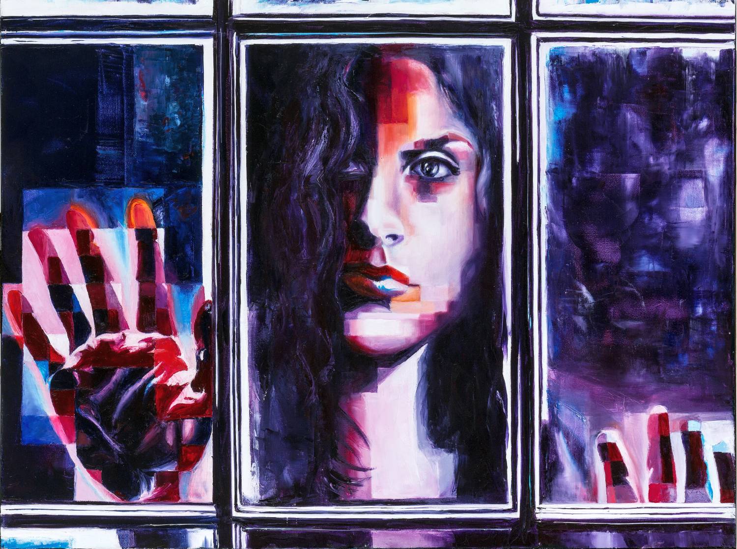 A woman's face and hands behind a glass window, reflecting themes of distance and inner tension.