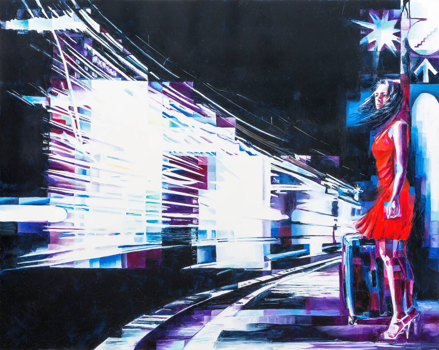 A woman in a red dress waiting at a subway station with a suitcase, abstract lights surrounding her.