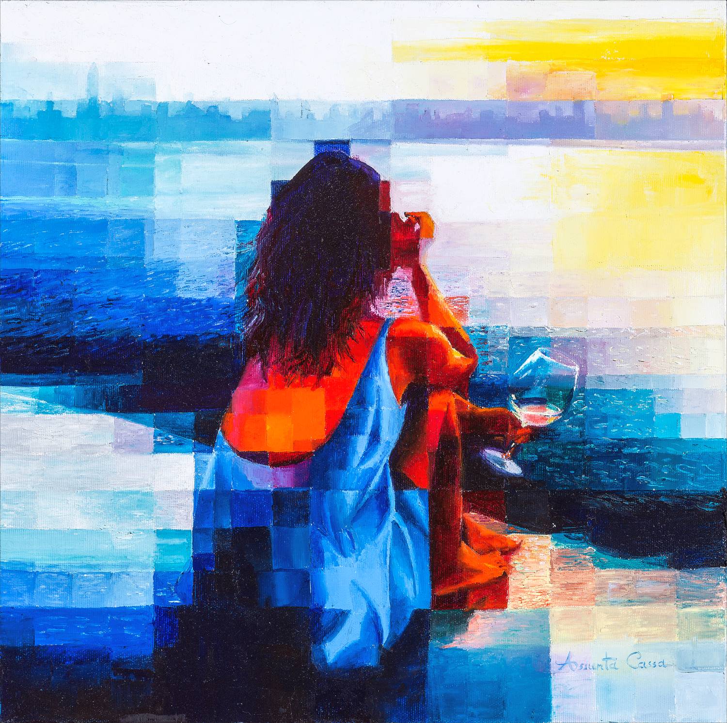A woman gazes at the horizon, suspended between dream and reality by the sea.