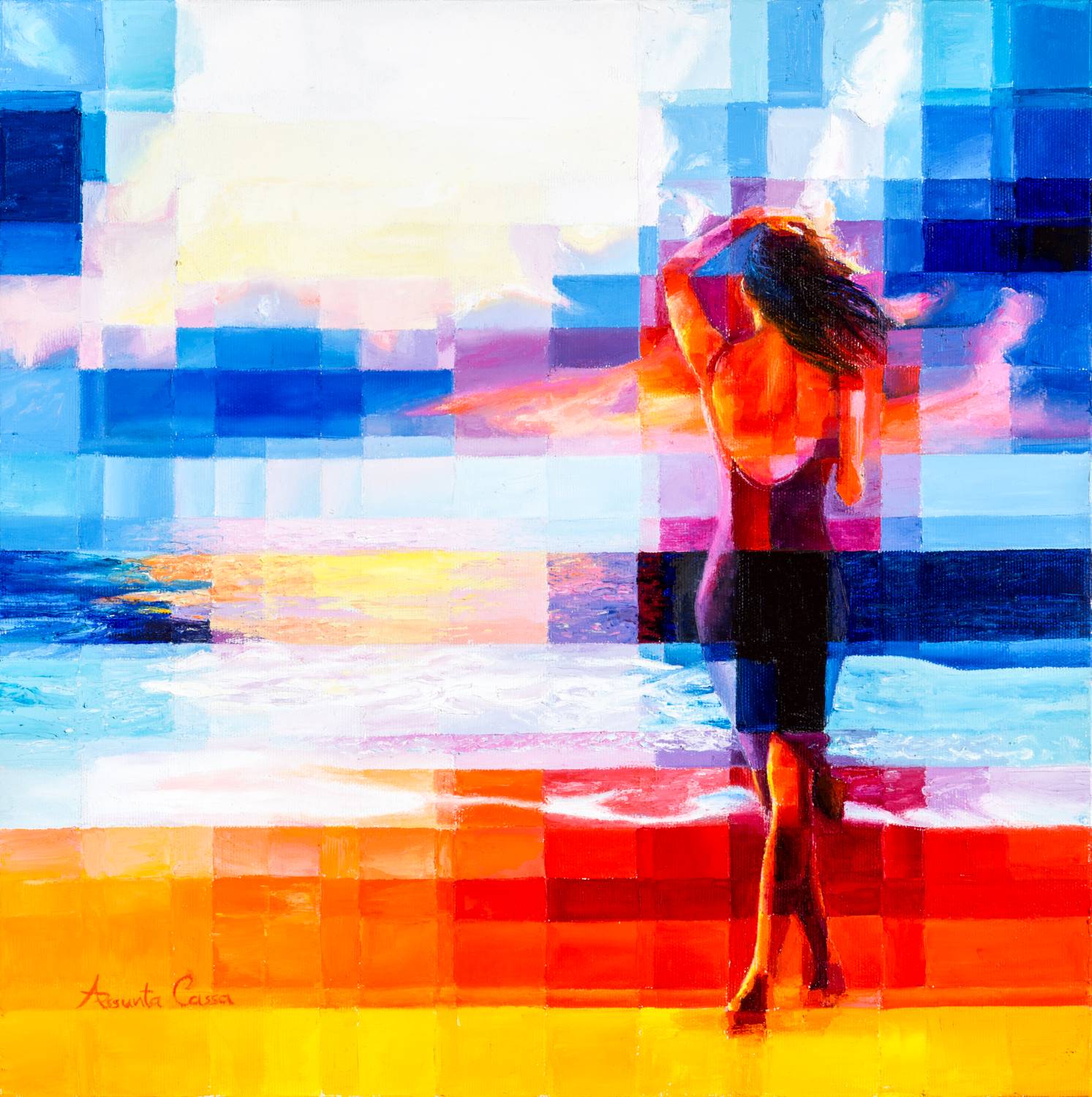 A woman walks barefoot on a beach at sunset, surrounded by vivid red, orange, and blue hues.