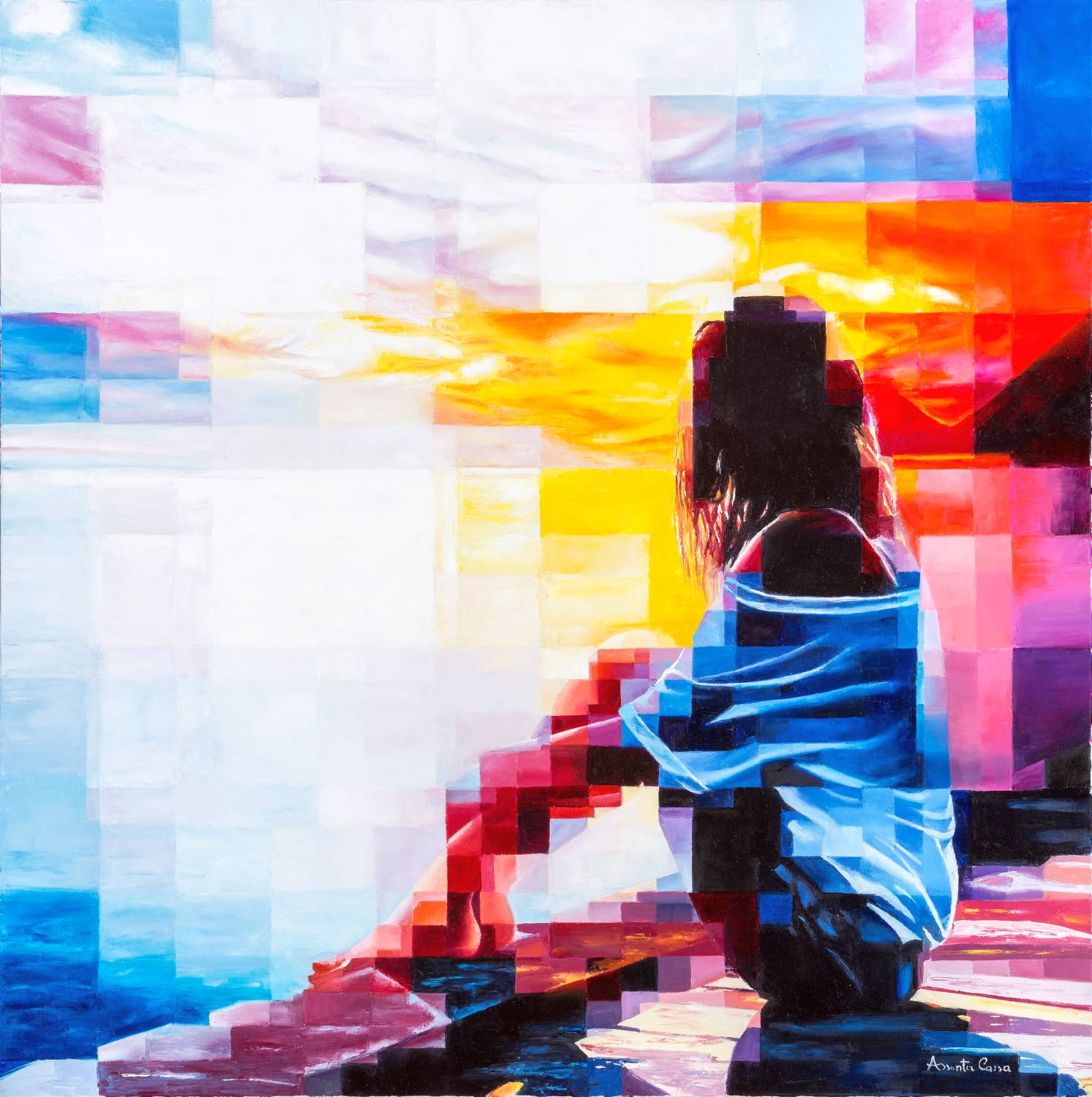 A solitary figure sits near a glowing horizon with shimmering reflections.