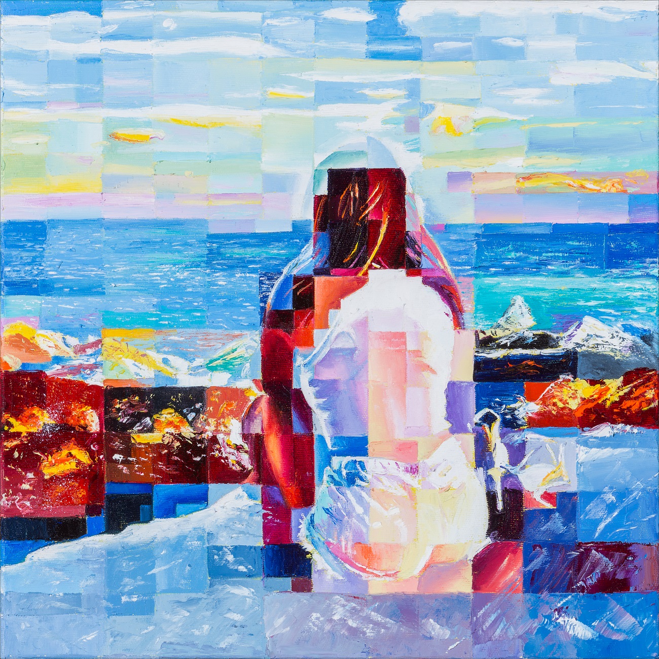 A woman merges with the landscape, blending rock, sea, and sky in a symbolic pose.