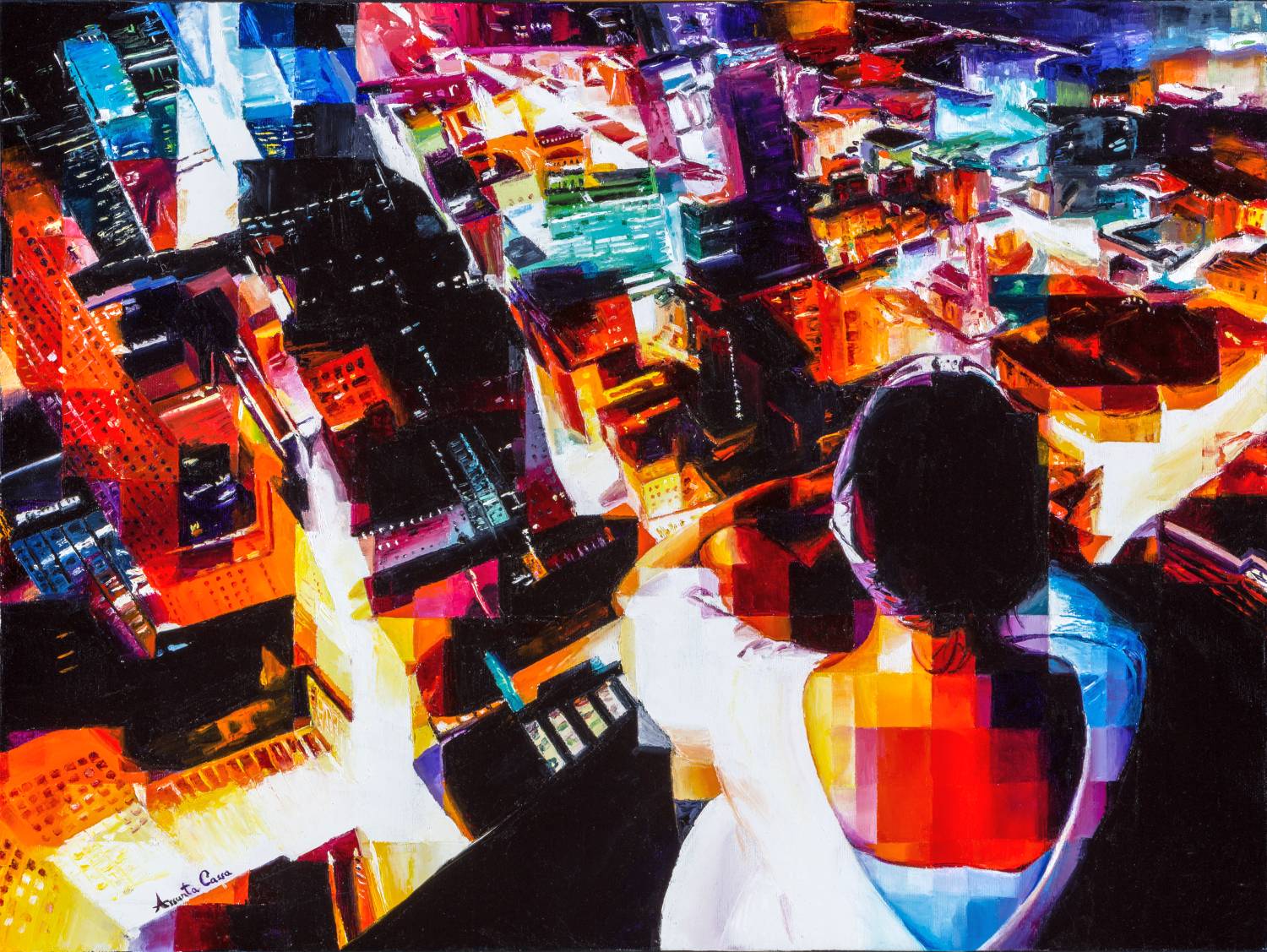 Expressive painting of a woman overlooking the city from above, immersed in a mosaic of urban lights and emotions.
