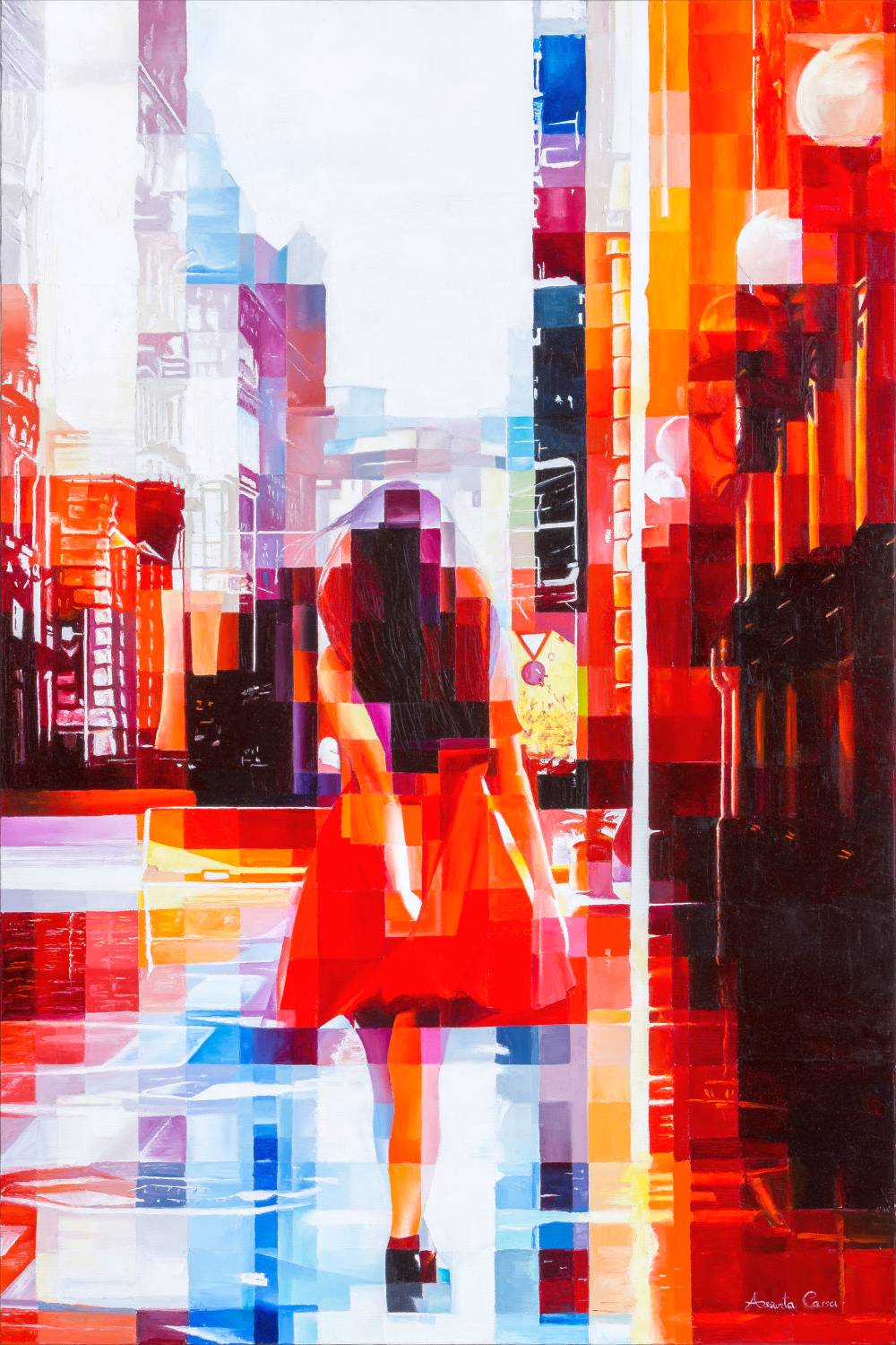 Dipinto urbano a olio con una donna in rosso che cammina via, riflessa sul pavimento bagnato della città tra luci e colori vivaci.