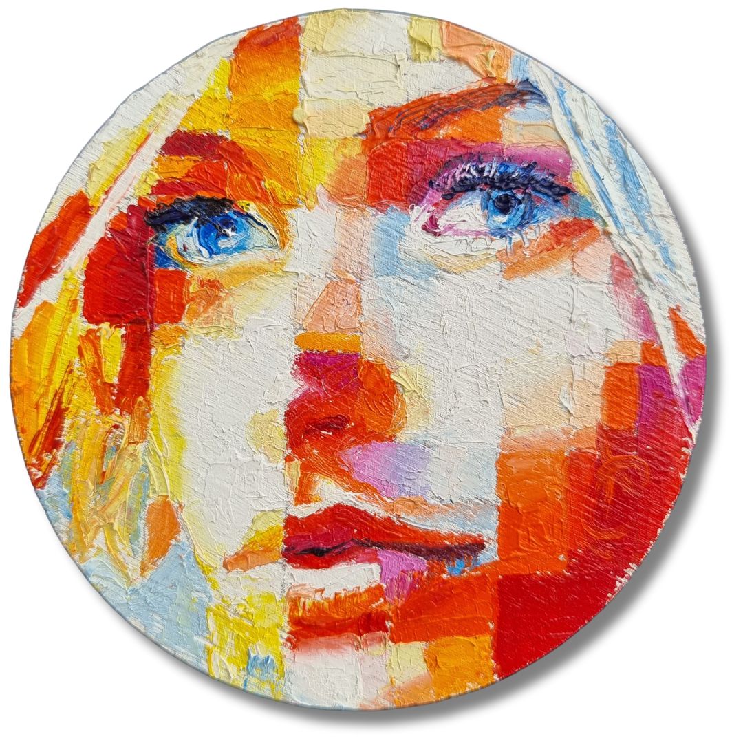 Close-up of "Moon Eyes", a textured oil painting of a woman's face in vivid red, yellow, orange and blue tones, showing palette knife technique.