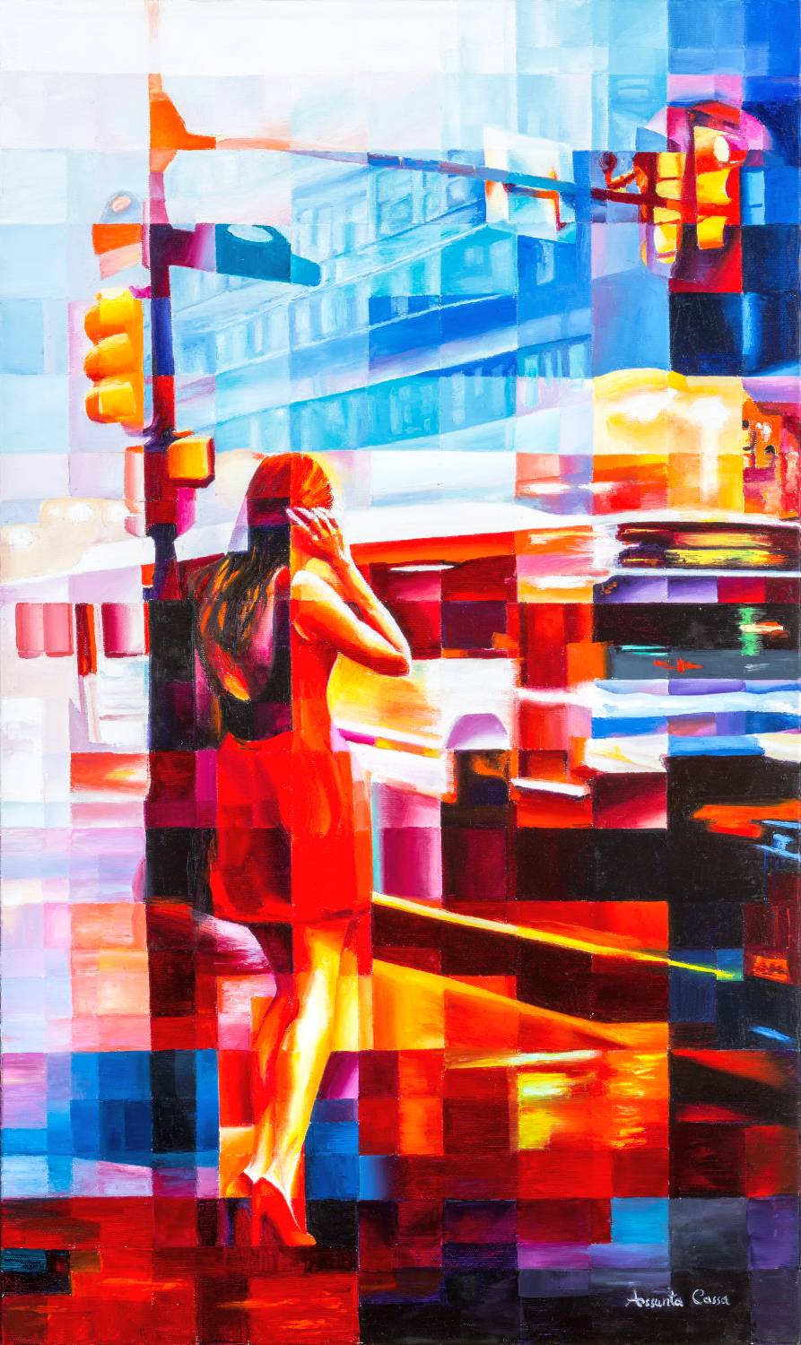Dipinto a olio di una donna in abito rosso all’angolo di una strada, immersa in un momento urbano tra luci e colori intensi.