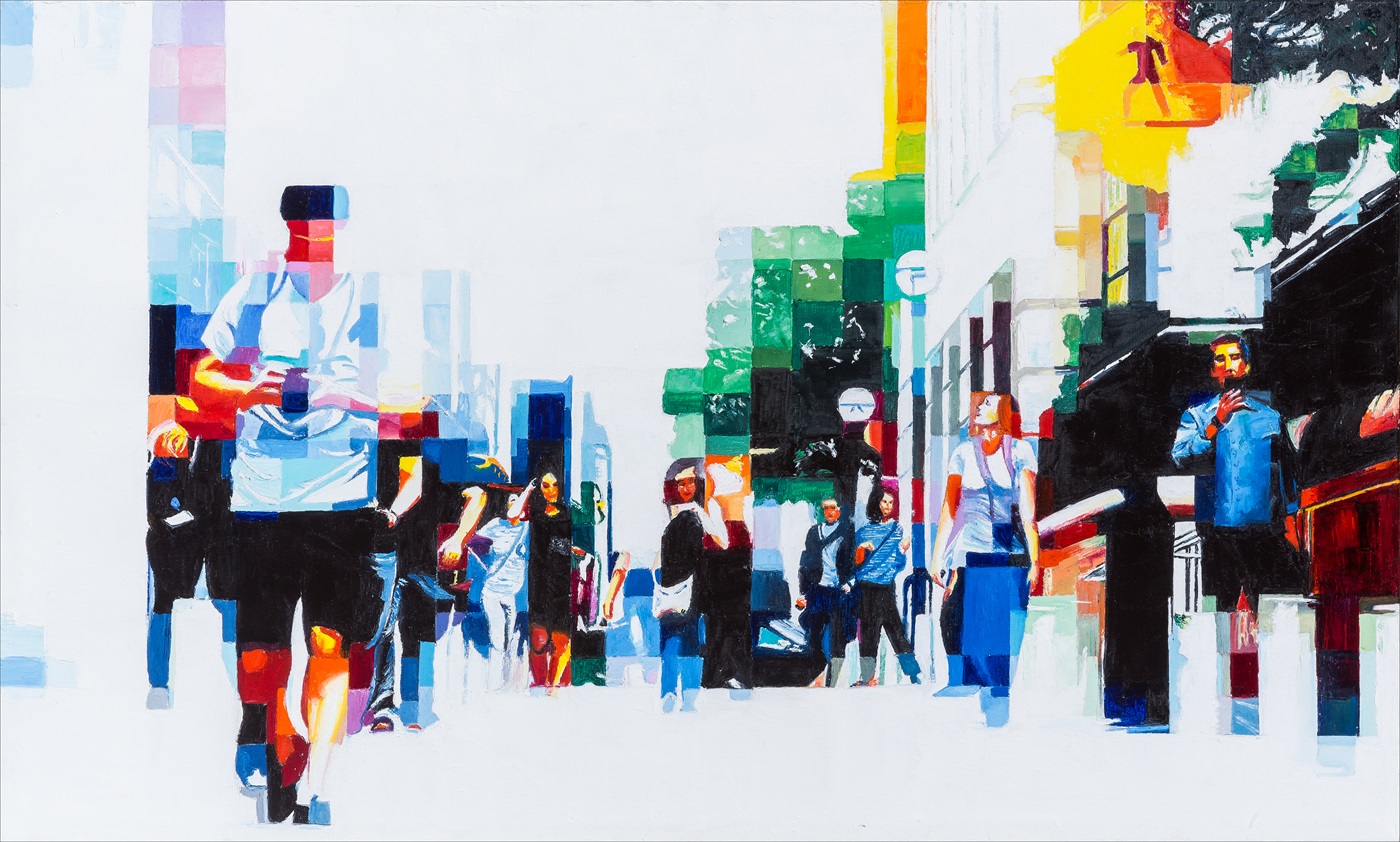 Scena urbana dinamica con persone che camminano e interagiscono, rappresentata con una composizione frammentata e forti accenti di grigio di Payne.