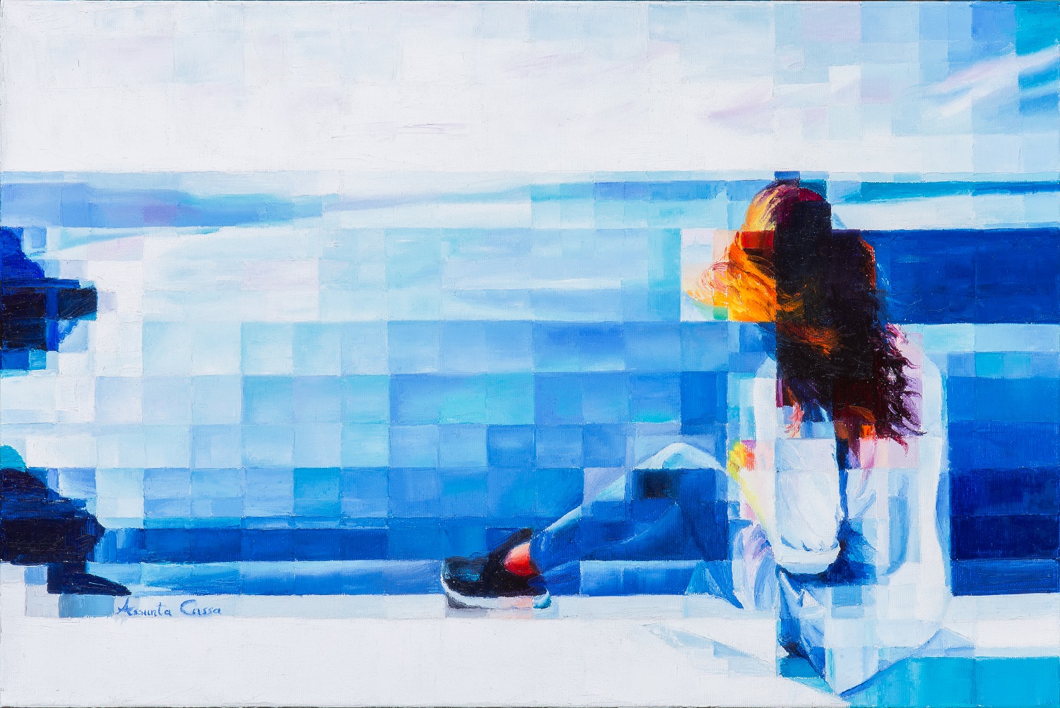 A woman faces a vast blue sea under a peaceful sky, in soft fragmented brushstrokes.