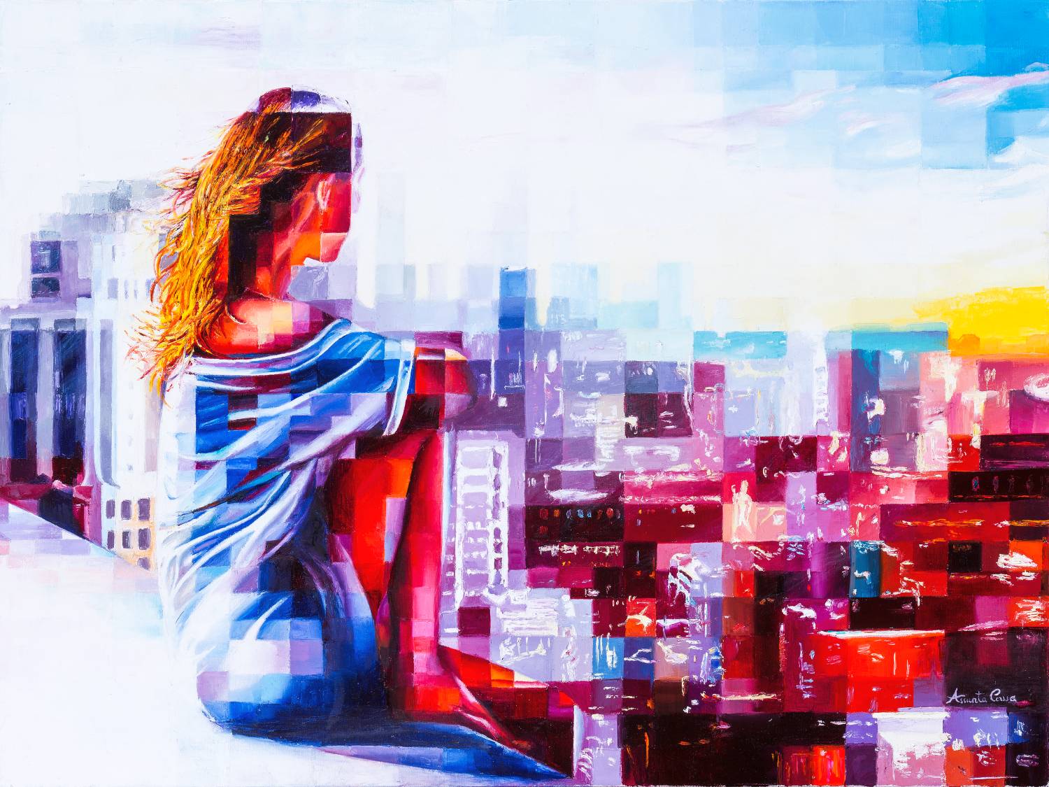 Woman sitting and contemplating an urban sunset, pixelated oil painting in vibrant tones