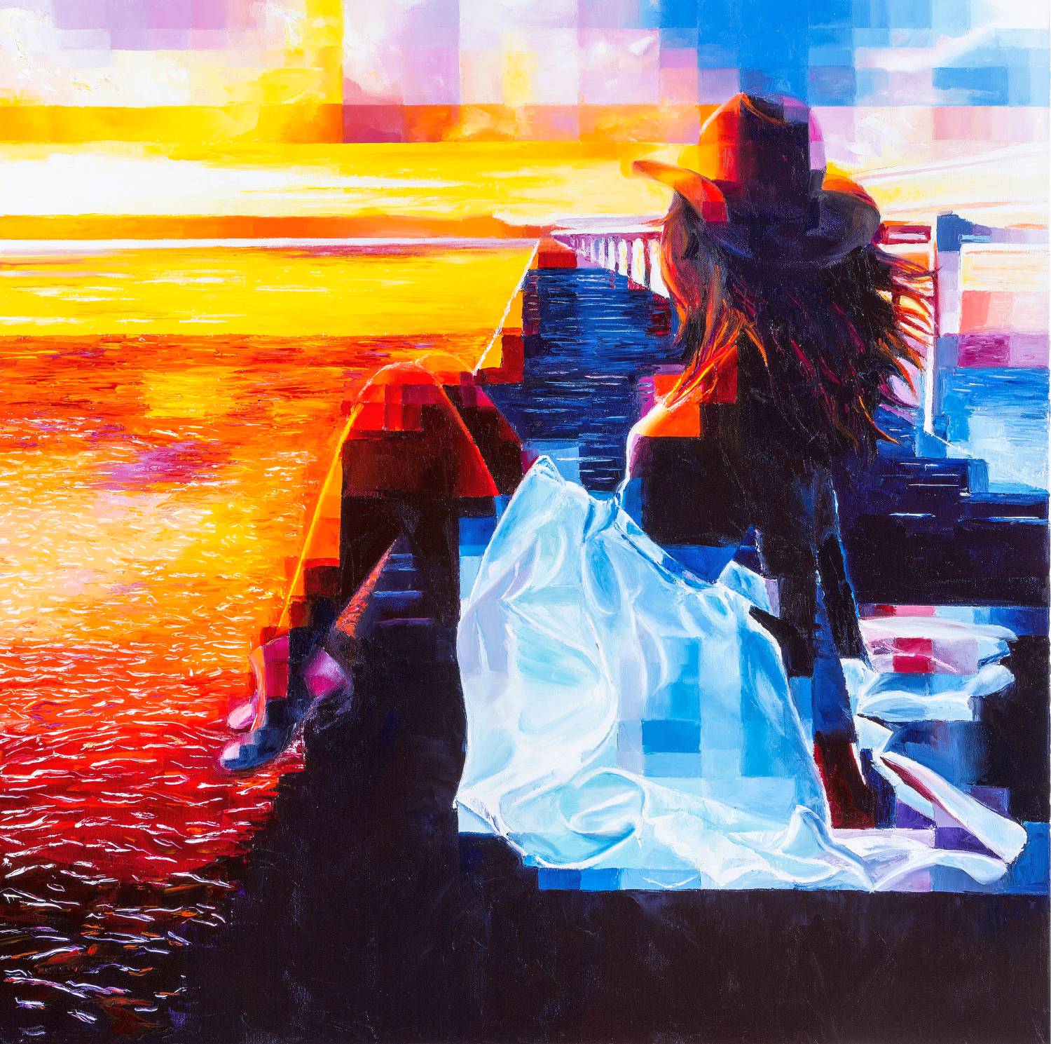 A woman gazes at the glowing lake horizon, bathed in bold, contrasting colors of sunset and sky.