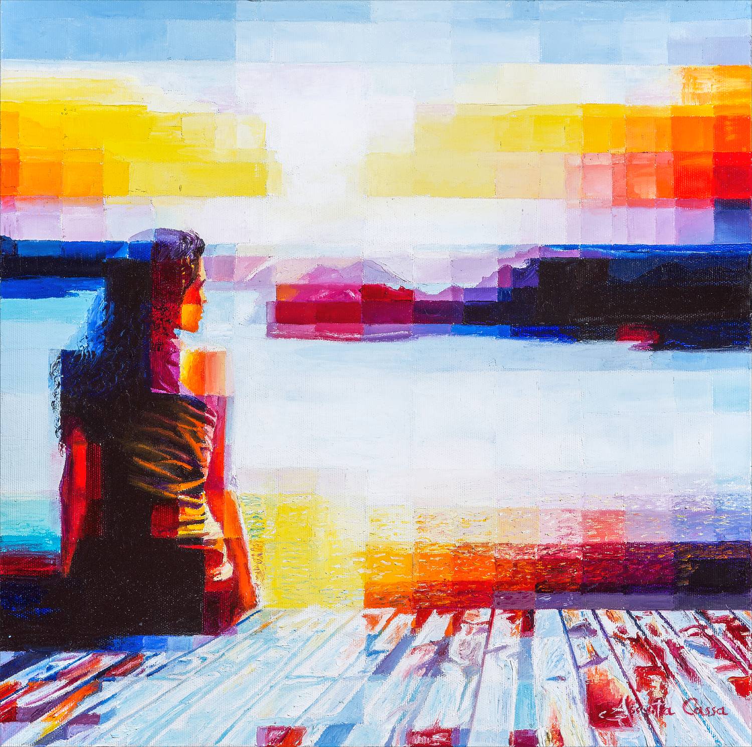 A woman gazes at the sea from a wooden pier during a colorful sunset, painted in vibrant hues.