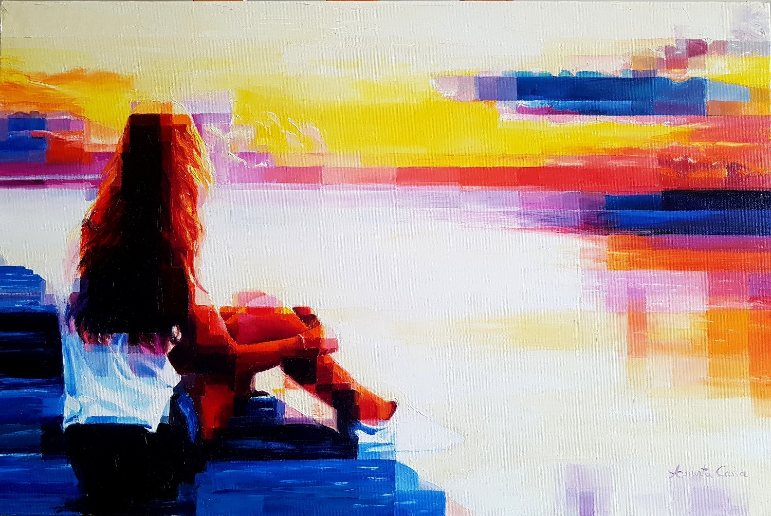 A woman sits quietly, immersed in a fiery sunset with orange and yellow tones.