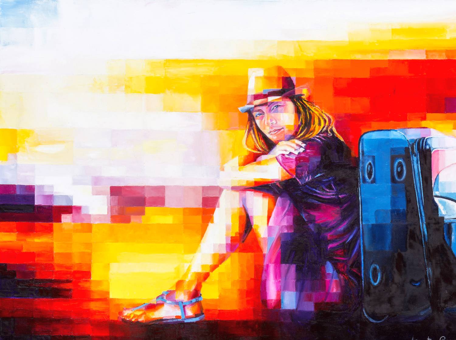A woman rests beside a suitcase, her gaze lost in a vivid sunset.