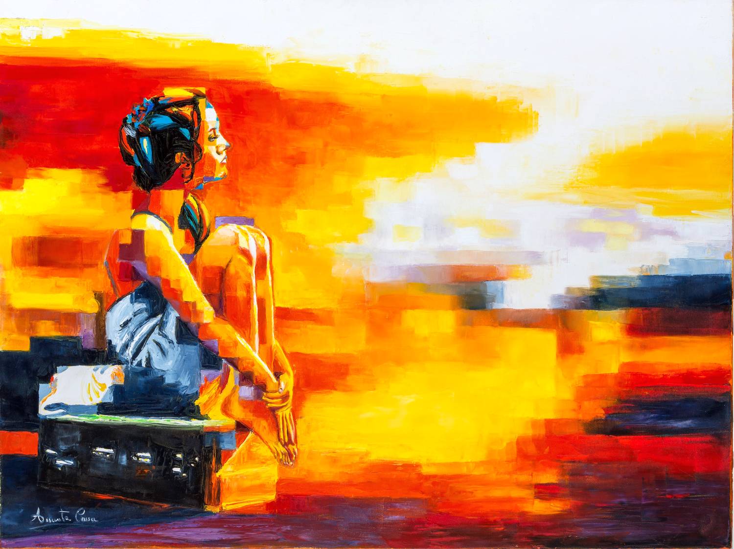 A woman sits next to a suitcase, bathed in the warm glow of a sunset.