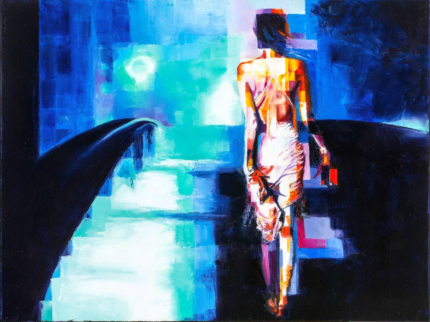 A woman in a white dress walks alone on a dark bridge under surreal blue and turquoise light.