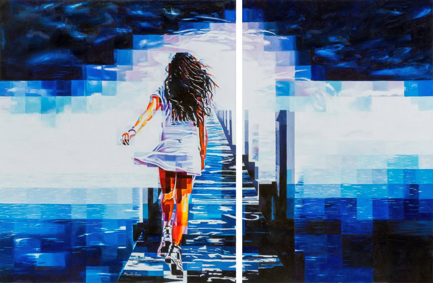 A woman walks toward the horizon on a long pier surrounded by a vibrant, pixelated blue seascape.