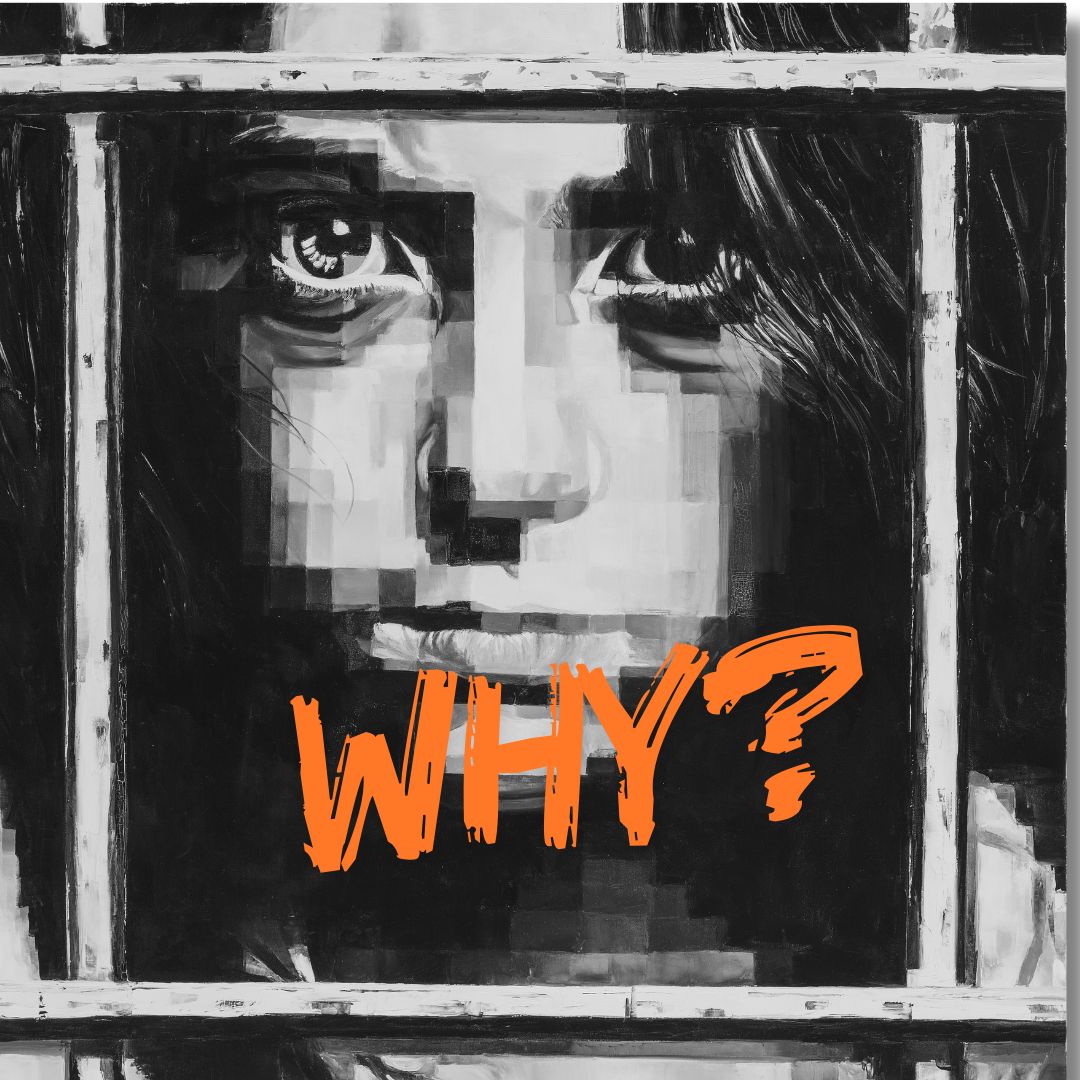 Schwarz-weißes Porträt einer Frau hinter Gittern, verpixelt und eindringlich, mit dem Schriftzug „WHY?“ in Orange – ein symbolisches Bild für Demokratieverlust und schwindende Rechte.