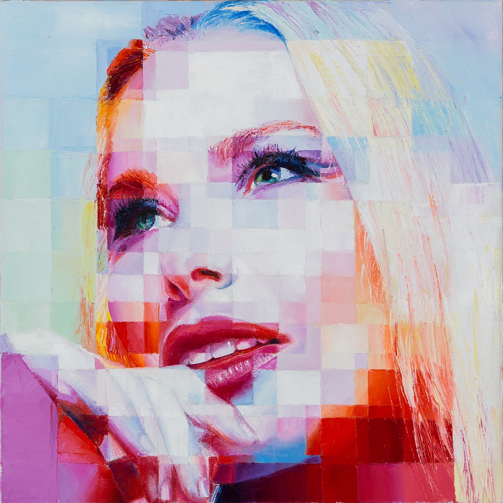 Female portrait in pixel style with warm tones, private commission artwork Soraya Arnelas