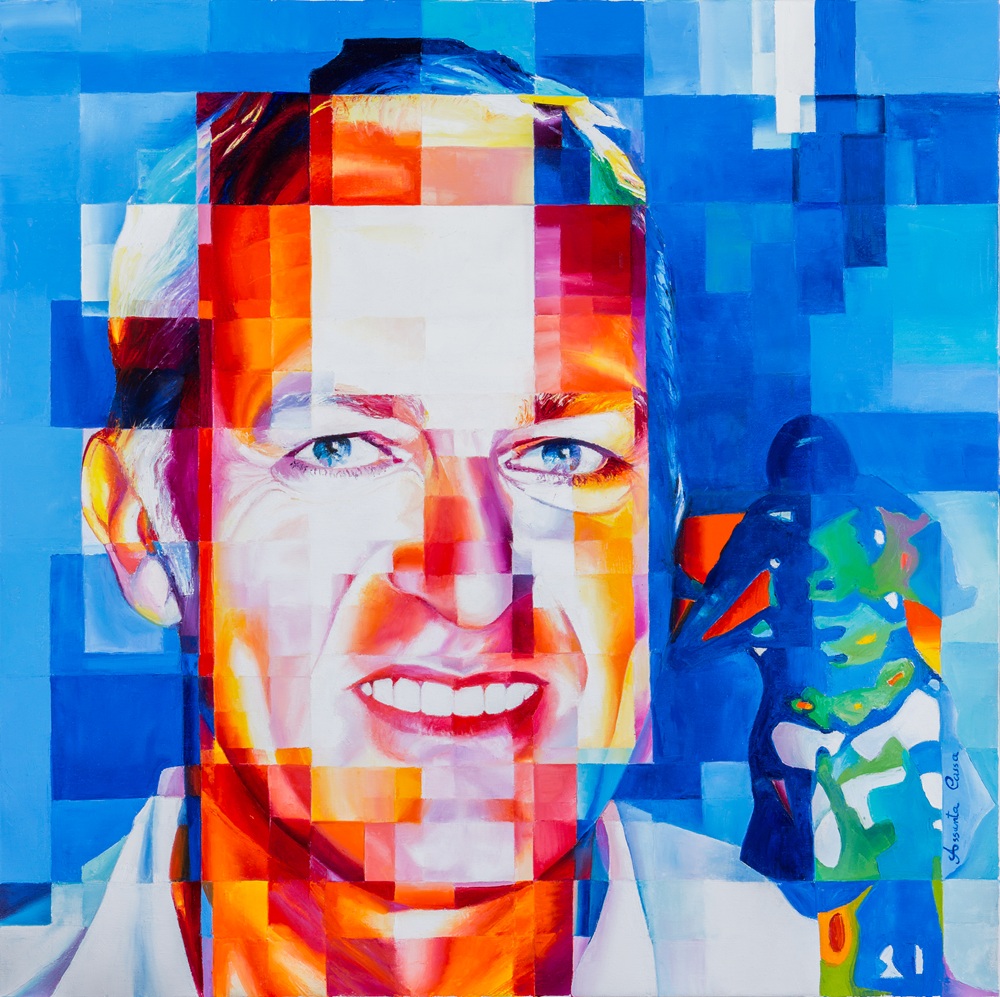 Rino's portrait – Beyond the Gaze Male portrait in pixel art, bold colors and strong expression