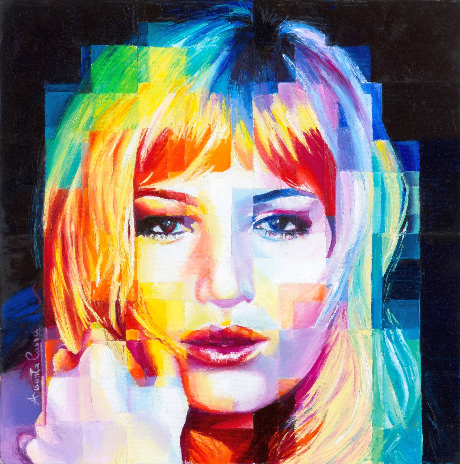 Monica Vitti – The Power of Silence Portrait of Monica Vitti in pixel art, expressive intensity and fragmented style