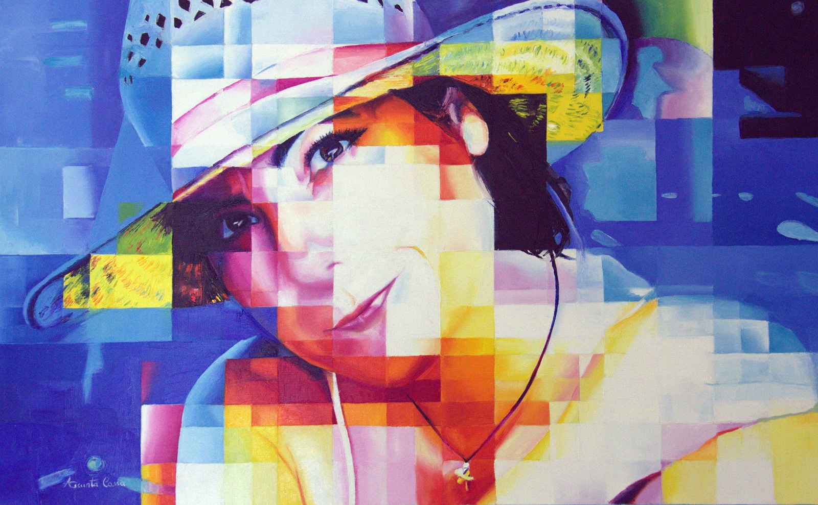 The Smile of Light Smiling female portrait with a hat, painted in vibrant colors