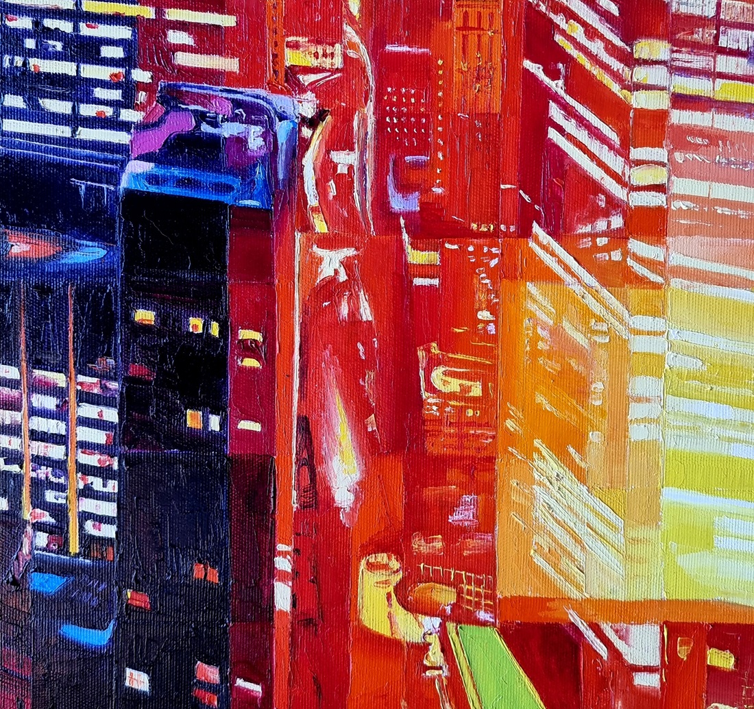 Abstract painting detail with vivid colors and urban fragmentation, symbolic evocation of fire