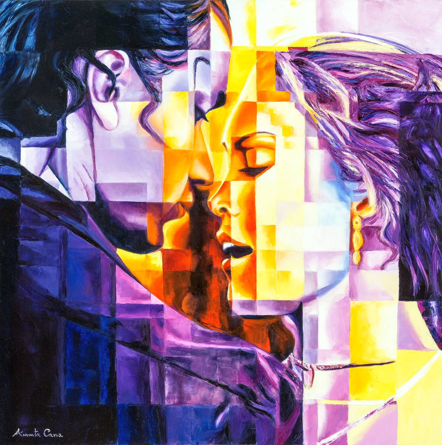 Iloveyou (Urban Lovers) Two figures meet in an urban embrace, surrounded by purple hues and architectural lines.