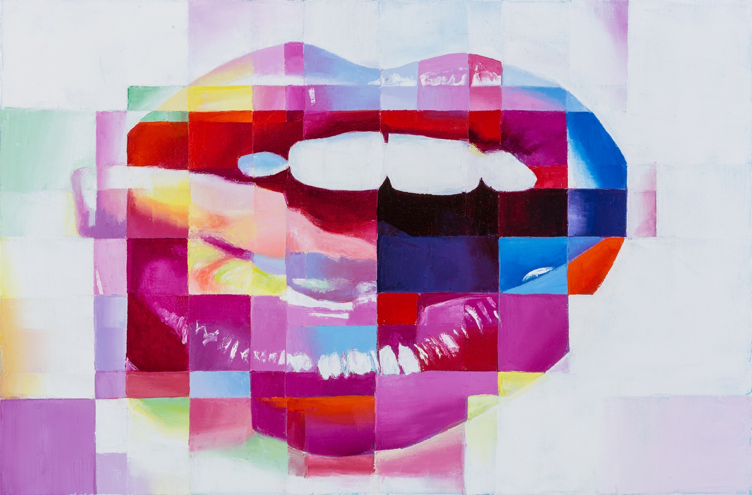Playful Seduction Close-up of a female face with lips and skin fragmented by magenta touches, in a seductive color play.