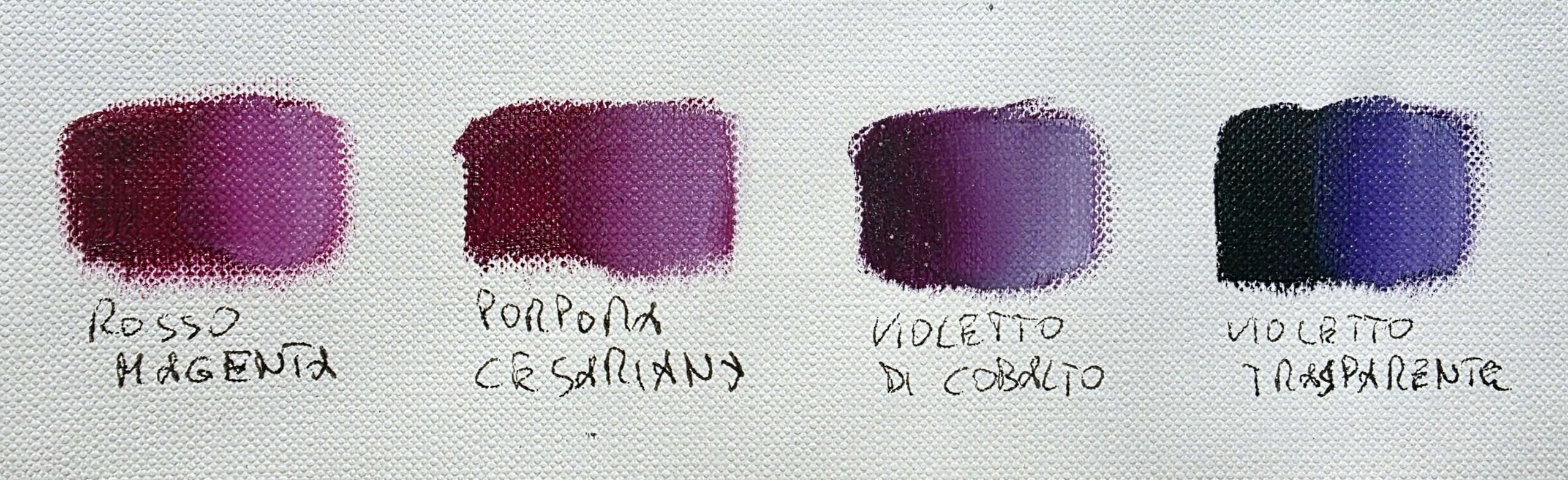 Magenta, Purple and Violet Swatches on Canvas Painted swatches of four pigments on canvas: magenta red, cesarean purple, cobalt violet and transparent violet.