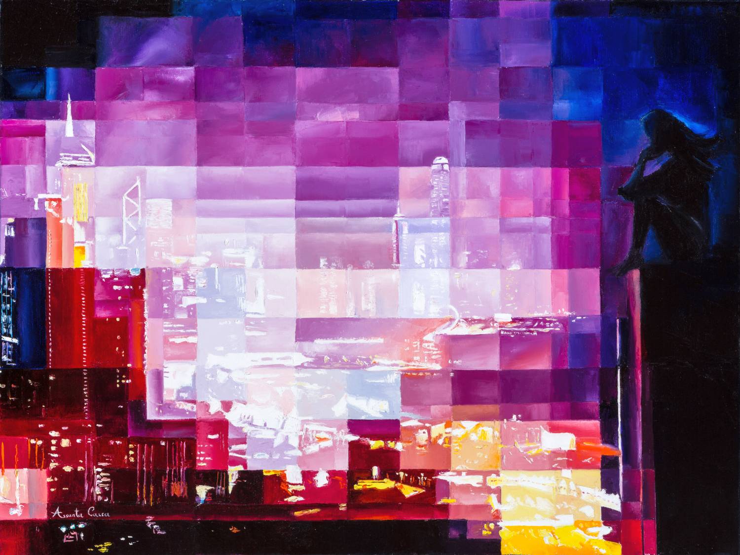 Female silhouette in a fragmented night cityscape, surrounded by violet lights.