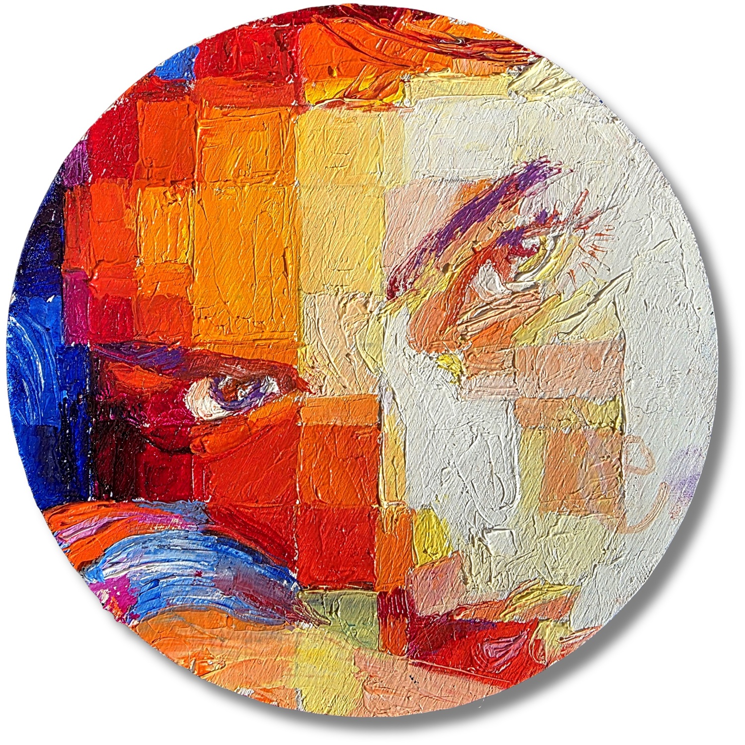 Close-up of a fragmented female face in warm and cool tones, from fiery red to deep blue
