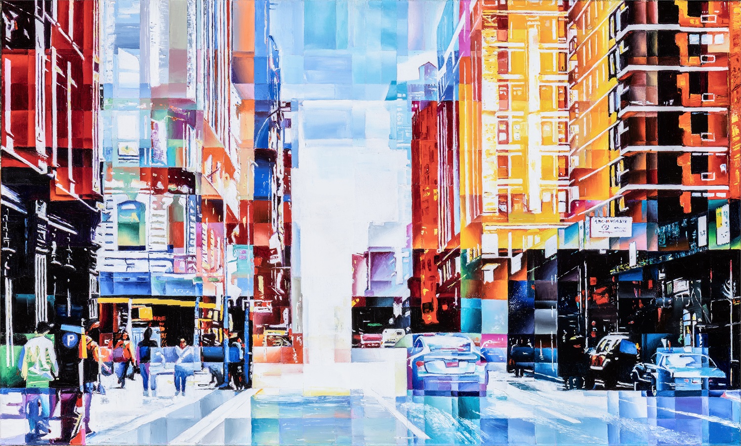 Scena urbana frammentata di New York dal dipinto “Light Pulse”, con pixel di colore, edifici, auto e pedoni immersi nella luce cittadina.