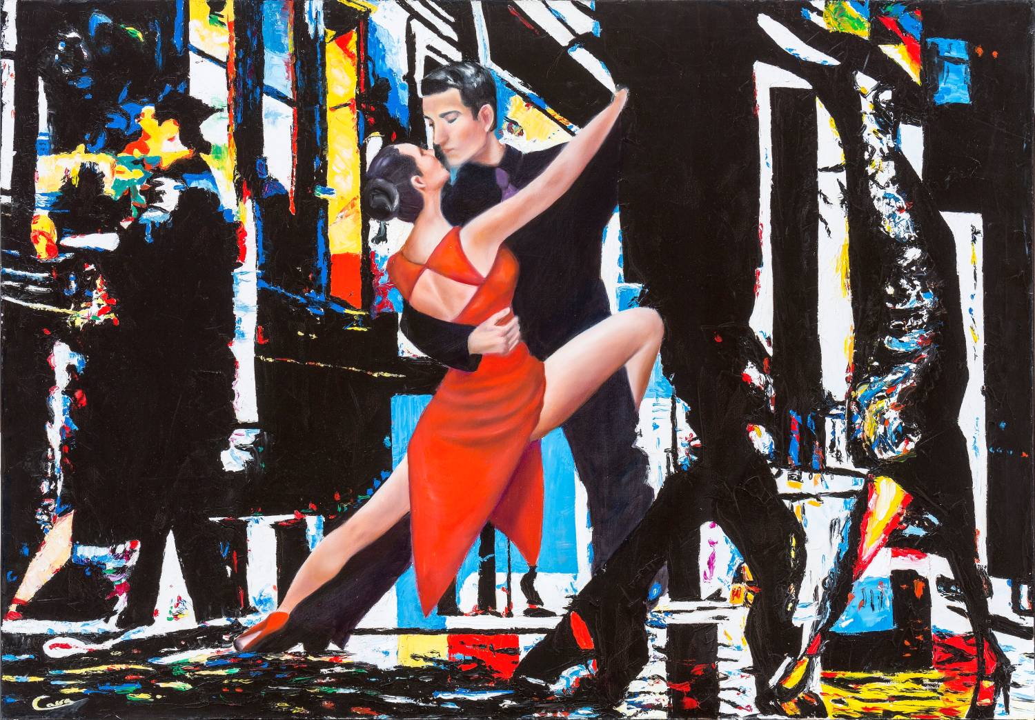 Couple embracing in a tango pose against a fragmented urban background, oil on canvas with palette knife, Assunta Cassa, Metropolitan series.